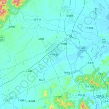 Mapa topográfico 怀宁县, altitude, relevo