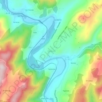 Mapa topográfico Grullos, altitude, relevo
