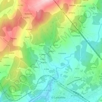 Mapa topográfico Mudelos, altitude, relevo