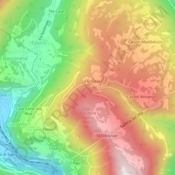 Mapa topográfico Sella della Val Nevera, altitude, relevo