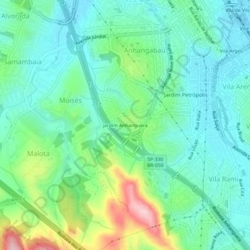 Mapa topográfico Jardim Anhanguera, altitude, relevo