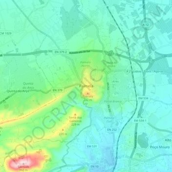 Mapa topográfico Palmela, altitude, relevo