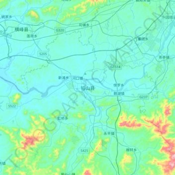 Mapa topográfico 铅山县, altitude, relevo