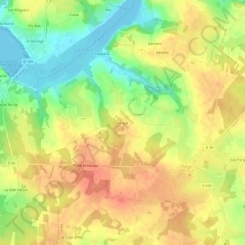 Mapa topográfico Kergal, altitude, relevo