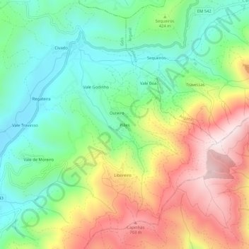 Mapa topográfico Piães, altitude, relevo