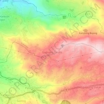 Mapa topográfico Gunung Geulis, altitude, relevo