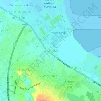 Mapa topográfico Sukomulyo, altitude, relevo