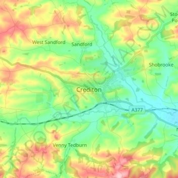 Mapa topográfico Crediton, altitude, relevo