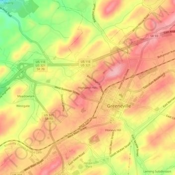 Mapa topográfico Highland Hills, altitude, relevo