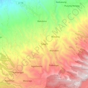 Mapa topográfico Tosari, altitude, relevo