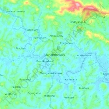 Mapa topográfico Mananthavady, altitude, relevo
