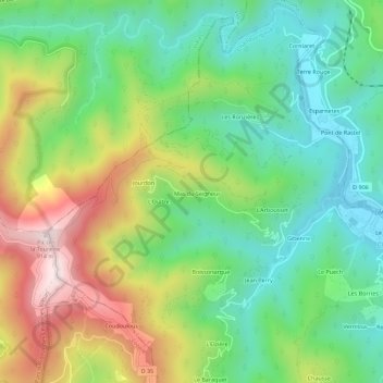 Mapa topográfico Alteyrac, altitude, relevo