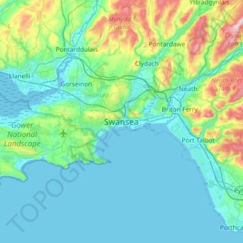Mapa topográfico Swansea, altitude, relevo