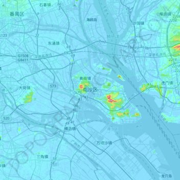 Mapa topográfico Guangzhou City, altitude, relevo