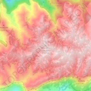 Mapa topográfico Piló dels Senyalets, altitude, relevo