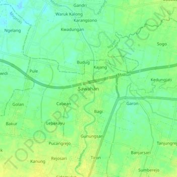 Mapa topográfico Sawahan, altitude, relevo