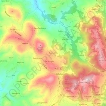 Mapa topográfico Roncroffio, altitude, relevo