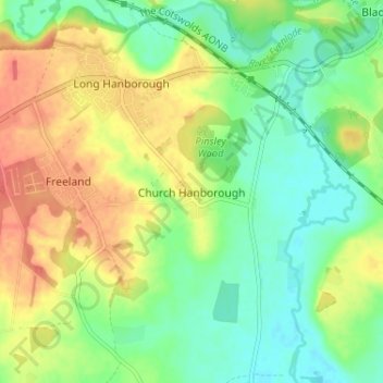 Mapa topográfico Church Hanborough, altitude, relevo