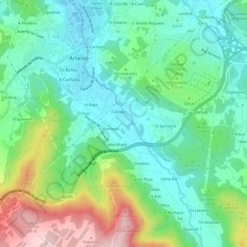 Mapa topográfico A Queira, altitude, relevo
