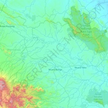 Mapa topográfico Rimbo Bujang, altitude, relevo