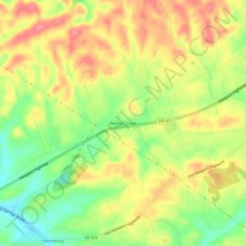 Mapa topográfico Walnut Grove, altitude, relevo