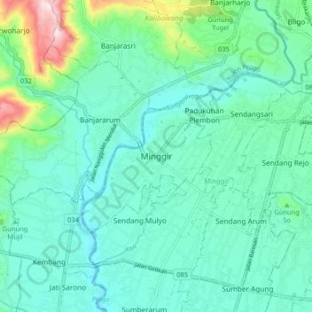 Mapa topográfico Minggir, altitude, relevo