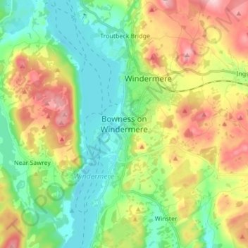 Mapa topográfico Bowness on Windermere, altitude, relevo