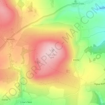 Mapa topográfico Caradon Hill, altitude, relevo