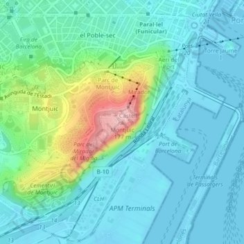 Mapa topográfico Montjuïc, altitude, relevo