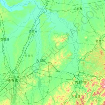 Mapa topográfico 九台区, altitude, relevo