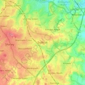 Mapa topográfico Solihull, altitude, relevo