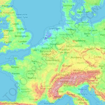 Mapa topográfico Luxemburgo, altitude, relevo