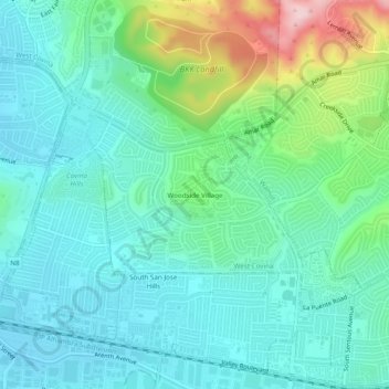 Mapa topográfico Woodside Village, altitude, relevo