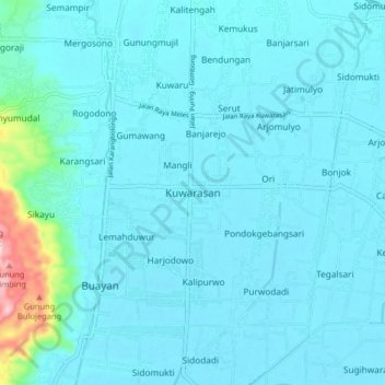 Mapa topográfico Kuwarasan, altitude, relevo