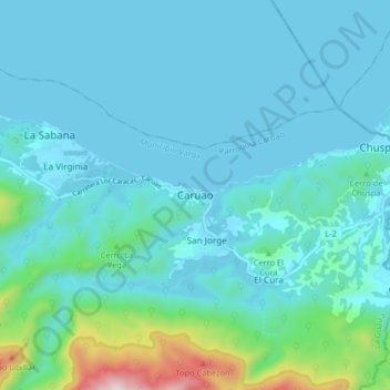 Mapa topográfico Caruao, altitude, relevo