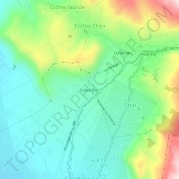 Mapa topográfico Cullpa Baja, altitude, relevo