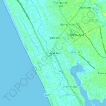 Mapa topográfico Chavakkad, altitude, relevo