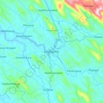 Mapa topográfico Erattupetta, altitude, relevo