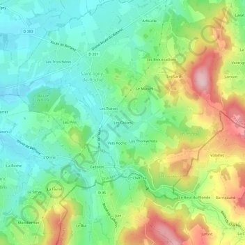 Mapa topográfico Les Crozes, altitude, relevo