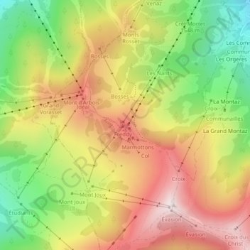 Mapa topográfico Mont d'Arbois, altitude, relevo