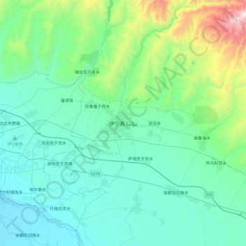 Mapa topográfico Yining, altitude, relevo