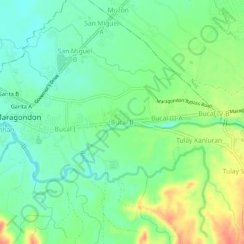 Mapa topográfico Bucal II, altitude, relevo