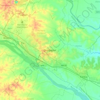 Mapa topográfico Durgapur, altitude, relevo
