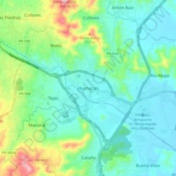 Mapa topográfico Humacao, altitude, relevo