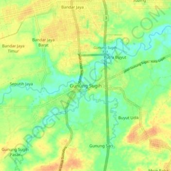 Mapa topográfico Gunung Sugih, altitude, relevo