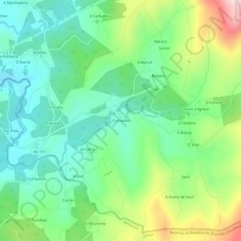 Mapa topográfico Cernadas, altitude, relevo