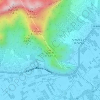 Mapa topográfico Cabezo las Bancas, altitude, relevo