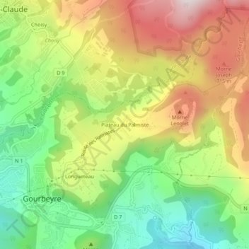 Mapa topográfico Plateau du Palmiste, altitude, relevo