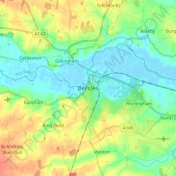 Mapa topográfico Beccles, altitude, relevo