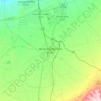 Mapa topográfico Berrechid, altitude, relevo